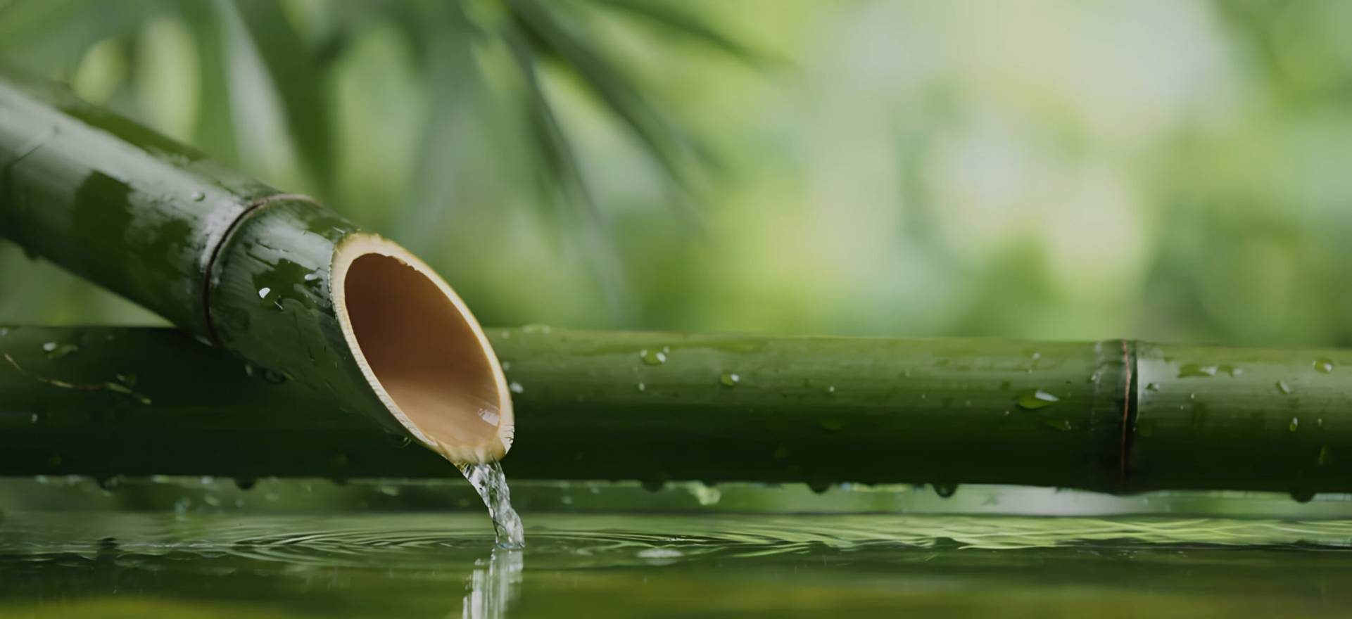 Wasser läuft aus einem Bambusrohr in einen ruhigen Teich